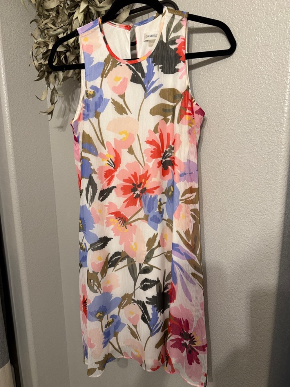 Calvin Klein Floral Midi Dress in White with Coral, Blue and Olive Accents